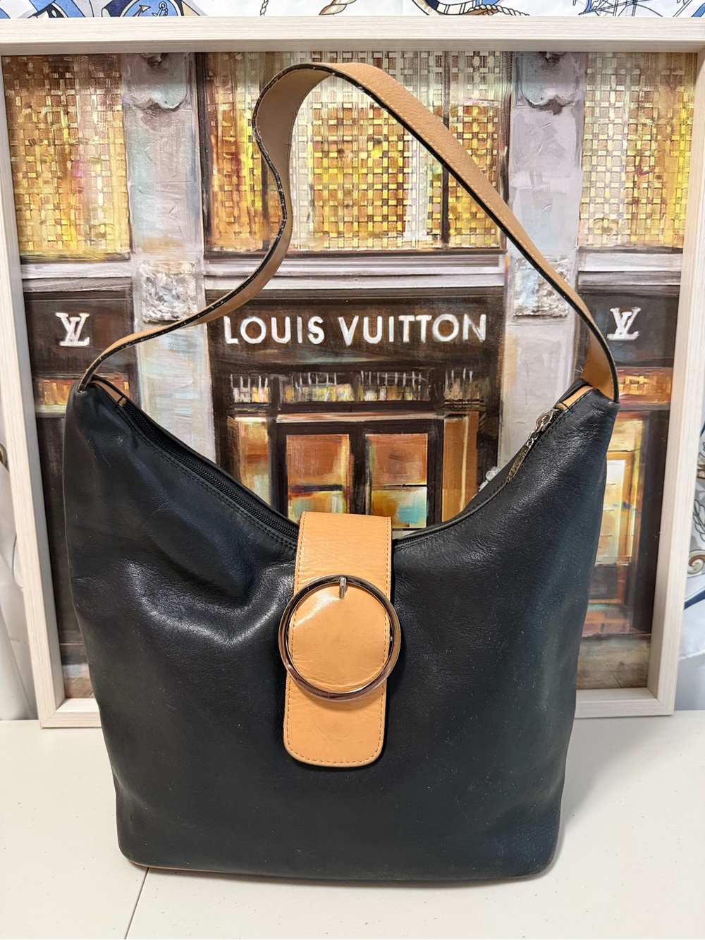 Max New York Leather Shoulder Bag with Tan Accent - Black and Tan